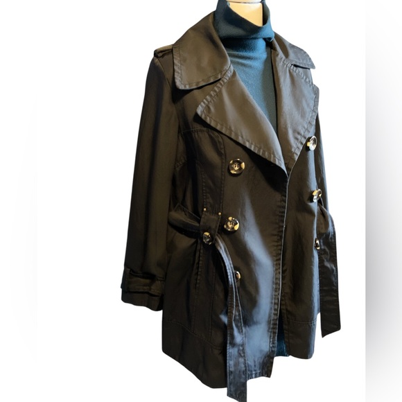 Jones New York Sport Hip Length Black Trenchcoat with Tortoiseshell Buttons M - Picture 1 of 9
